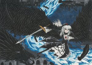 Rating: Safe Score: 0 Tags: 1girl black_wings dress feathered_wings feathers hairband holding_weapon image looking_at_viewer rose silver_hair solo suigintou sword weapon wings User: admin