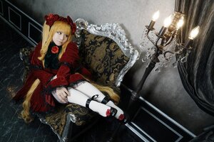 Rating: Safe Score: 0 Tags: 1girl blonde_hair blue_eyes dress flower gothic_lolita lolita_fashion long_hair red_dress rose shinku shoes sitting solo twintails User: admin