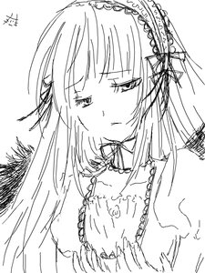 Rating: Safe Score: 0 Tags: 1girl bangs bare_shoulders closed_mouth dress frills greyscale hairband half-closed_eyes image long_hair monochrome sketch solo suigintou upper_body white_background User: admin