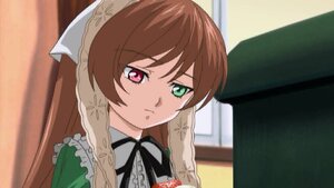 Rating: Safe Score: 0 Tags: 1girl brown_hair dress frills green_eyes head_scarf heterochromia image long_hair long_sleeves looking_at_viewer red_eyes ribbon solo suiseiseki User: admin