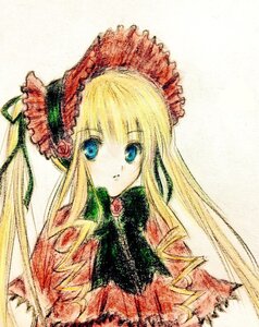 Rating: Safe Score: 0 Tags: 1girl bangs blonde_hair blue_eyes dress flower image long_hair looking_at_viewer red_flower red_rose rose shinku simple_background solo traditional_media upper_body white_background User: admin