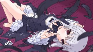 Rating: Safe Score: 0 Tags: 1girl barefoot bird black_feathers bloomers blurry blush bow commentary_request depth_of_field dress feathers finger_to_mouth frills gothic_lolita hairband_removed highres image k10k lolita_fashion long_hair looking_at_viewer lying on_back purple_eyes rozen_maiden silver_hair smile solo suigintou thighhighs_removed underwear wings User: admin