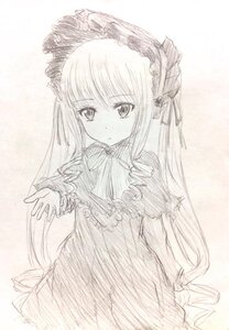 Rating: Safe Score: 0 Tags: 1girl bow bowtie dress frills image long_hair long_sleeves looking_at_viewer monochrome shinku simple_background solo very_long_hair white_background User: admin