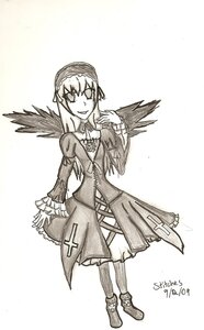 Rating: Safe Score: 0 Tags: 1girl dated dress full_body greyscale image juliet_sleeves long_sleeves looking_at_viewer monochrome signature solo standing suigintou traditional_media white_background wings User: admin