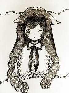 Rating: Safe Score: 0 Tags: 1girl animal_ears blush braid dress greyscale image long_hair looking_at_viewer monochrome one_eye_closed solo suiseiseki twin_braids very_long_hair User: admin