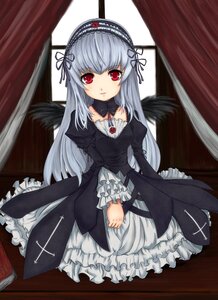 Rating: Safe Score: 0 Tags: 1girl black_wings curtains detached_collar dress expressionless flower frills hairband image juliet_sleeves long_hair long_sleeves looking_at_viewer red_eyes ribbon rose silver_hair sitting solo suigintou window wings User: admin