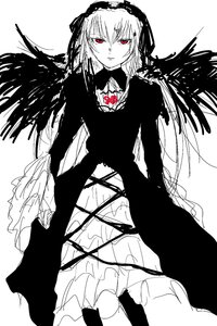 Rating: Safe Score: 0 Tags: 1girl bangs black_wings closed_mouth dress feathered_wings feathers flower frills hairband image long_hair long_sleeves looking_at_viewer monochrome red_eyes rose simple_background solo suigintou white_background wings User: admin