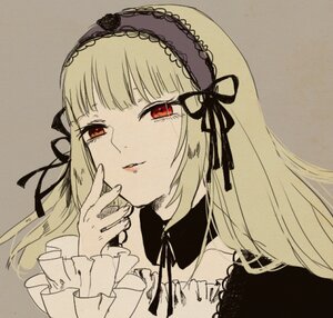 Rating: Safe Score: 0 Tags: 1girl bangs black_ribbon blonde_hair eyebrows_visible_through_hair face hairband image long_hair looking_at_viewer portrait red_eyes ribbon simple_background solo suigintou User: admin