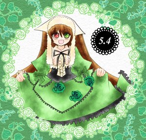 Rating: Safe Score: 0 Tags: 1girl :d brown_hair dress flower frills green_dress green_eyes head_scarf heterochromia image long_hair long_sleeves looking_at_viewer open_mouth red_eyes rose smile solo suiseiseki twintails very_long_hair User: admin