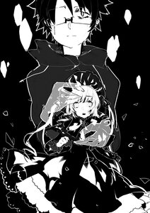 Rating: Safe Score: 0 Tags: 1boy 1girl black_background closed_mouth eyebrows_visible_through_hair glasses greyscale holding image jacket long_sleeves monochrome shinku solo User: admin