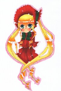 Rating: Safe Score: 0 Tags: 1girl blonde_hair blush bonnet bow bowtie dress green_eyes image long_hair long_sleeves looking_at_viewer red_dress shinku solo twintails very_long_hair User: admin