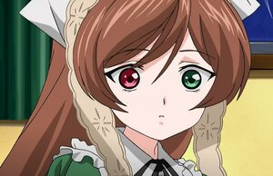 Rating: Safe Score: 0 Tags: 1girl braid brown_hair curtains frilled_shirt_collar frills green_eyes hat image long_hair looking_at_viewer red_eyes solo suiseiseki twin_braids User: admin