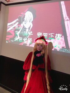 Rating: Safe Score: 0 Tags: 2girls blonde_hair blue_eyes bonnet dress flower long_hair looking_at_viewer multiple_girls photo red_dress rose shinku solo standing User: admin