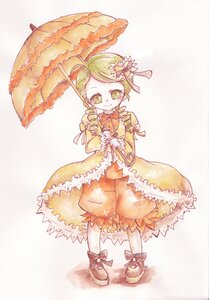 Rating: Safe Score: 0 Tags: 1girl ahoge bloomers bow dress drill_hair flower frills full_body green_eyes green_hair hair_ornament holding_umbrella image kanaria long_sleeves parasol smile solo standing umbrella white_background User: admin