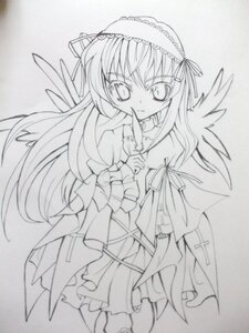 Rating: Safe Score: 0 Tags: 1girl dress finger_to_mouth frills full_body greyscale hairband image index_finger_raised lolita_hairband long_hair long_sleeves looking_at_viewer monochrome ribbon simple_background solo suigintou traditional_media very_long_hair white_background wings User: admin