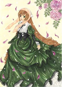 Rating: Safe Score: 0 Tags: 1girl brown_hair dress flower frills green_dress green_eyes head_scarf image long_hair long_sleeves petals pink_flower rose solo suiseiseki traditional_media very_long_hair watercolor_(medium) User: admin