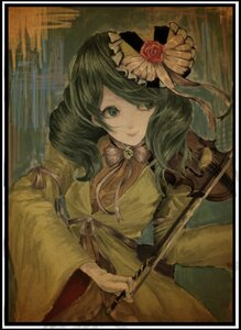 Rating: Safe Score: 0 Tags: 1girl black_border border dress flower green_eyes green_hair hat image kanaria long_sleeves puffy_sleeves ribbon rose solo wide_sleeves User: admin