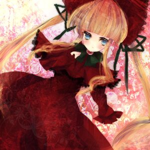 Rating: Safe Score: 0 Tags: 1girl bangs blonde_hair blue_eyes blunt_bangs blush bonnet bow bowtie capelet dress flower green_bow green_neckwear image long_hair long_sleeves looking_at_viewer red_dress shinku solo User: admin