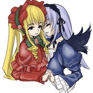 Rating: Safe Score: 0 Tags: 2girls artist_request black_wings blonde_hair blue_eyes bonnet dress frills hairband holding_hands image long_hair long_sleeves looking_at_another lowres multiple_girls pair red_dress rose rozen_maiden shinku silver_hair simple_background suigintou upper_body white_background wings yuri User: admin