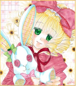 Rating: Safe Score: 0 Tags: 1girl blonde_hair bow colored_pencil_(medium) drill_hair flower green_eyes hair_bow hina_ichigo hinaichigo image looking_at_viewer marker_(medium) pink_bow ribbon shikishi short_hair smile solo traditional_media User: admin