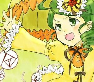 Rating: Safe Score: 0 Tags: 1girl ahoge auto_tagged dress drill_hair flower frills green_eyes green_hair hat image kanaria long_sleeves open_mouth ribbon rose smile solo yellow_dress User: admin