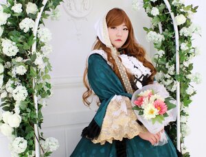 Rating: Safe Score: 0 Tags: 1girl bangs bouquet brown_eyes brown_hair dress flower lace lily_(flower) lips long_hair long_sleeves looking_at_viewer solo standing suiseiseki white_flower white_rose User: admin