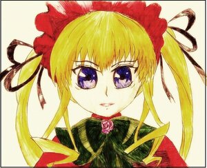 Rating: Safe Score: 0 Tags: 1girl blonde_hair bow flower hair_ribbon image long_hair looking_at_viewer marker_(medium) portrait purple_eyes ribbon rose shinku simple_background solo traditional_media twintails white_background yellow_background User: admin