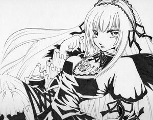 Rating: Safe Score: 0 Tags: 1girl detached_collar dress flower frills greyscale hairband image lolita_hairband long_hair long_sleeves looking_at_viewer monochrome ribbon rose simple_background solo suigintou traditional_media very_long_hair wings User: admin
