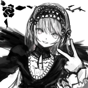 Rating: Safe Score: 0 Tags: 1girl bangs dress greyscale image long_hair long_sleeves looking_at_viewer monochrome smile solo suigintou upper_body User: admin