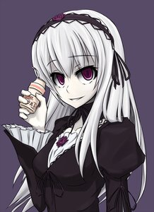 Rating: Safe Score: 0 Tags: 1girl dress flower hairband image juliet_sleeves long_hair long_sleeves looking_at_viewer puffy_sleeves purple_background ribbon rose silver_hair simple_background smile solo suigintou upper_body User: admin
