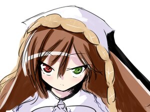 Rating: Safe Score: 0 Tags: 1girl bangs blush brown_hair closed_mouth dress eyebrows_visible_through_hair green_eyes heterochromia image long_hair looking_at_viewer red_eyes simple_background solo suiseiseki white_background User: admin