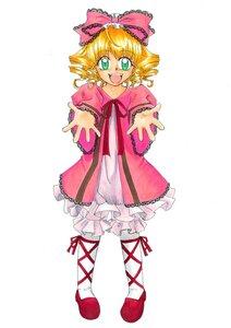 Rating: Safe Score: 0 Tags: 1girl :d blonde_hair bloomers bow dress drill_hair frills full_body green_eyes hina_ichigo hinaichigo image long_sleeves looking_at_viewer open_mouth pink_bow pink_dress pink_footwear ribbon short_hair simple_background smile solo standing white_background User: admin