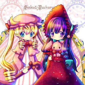 Rating: Safe Score: 0 Tags: 2girls bad_id bad_pixiv_id blonde_hair blue_eyes bow chocolat_(momoiro_piano) costume_switch crossover dress drill_hair flower hat image long_hair multiple_girls patchouli_knowledge purple_eyes purple_hair rozen_maiden shinku solo stuffed_animal touhou twintails User: admin