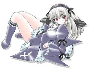 Rating: Safe Score: 0 Tags: 1girl black_wings blush boots breasts detached_collar dress frilled_sleeves frills full_body hairband image knee_boots long_hair long_sleeves looking_at_viewer pink_eyes puffy_sleeves reclining red_eyes rose silver_hair simple_background solo striped suigintou white_background wings User: admin