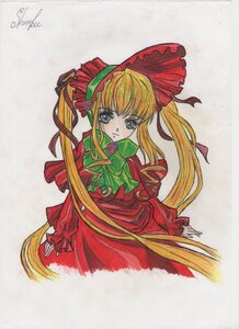 Rating: Safe Score: 0 Tags: 1girl blonde_hair blue_eyes bonnet bow bowtie dress flower green_bow green_neckwear image long_hair long_sleeves looking_at_viewer marker_(medium) photo red_dress rose shinku sidelocks signature simple_background solo traditional_media twintails very_long_hair white_background User: admin