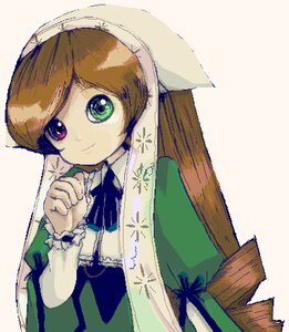 Rating: Safe Score: 0 Tags: 1girl bangs bonnet brown_hair closed_mouth dress green_dress green_eyes hat heterochromia image long_hair long_sleeves looking_at_viewer simple_background smile solo suiseiseki swept_bangs upper_body User: admin