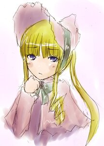 Rating: Safe Score: 0 Tags: 1girl bangs blonde_hair blue_eyes blush bow dress drill_hair image long_hair long_sleeves looking_at_viewer rain shinku simple_background solo upper_body User: admin