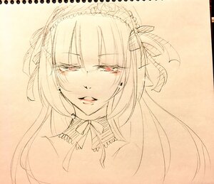 Rating: Safe Score: 0 Tags: 1girl blush earrings eyebrows_visible_through_hair hairband image jewelry lolita_hairband long_hair looking_at_viewer monochrome parted_lips ribbon sketch solo suigintou traditional_media User: admin