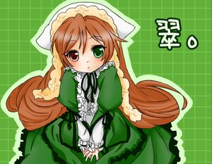 Rating: Safe Score: 0 Tags: 1girl argyle_background brown_hair checkered_background dress frills green_background green_dress green_eyes hat heterochromia image lolita_fashion long_hair long_sleeves looking_at_viewer plaid_background red_eyes solo suiseiseki twin_drills twintails very_long_hair User: admin