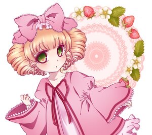 Rating: Safe Score: 0 Tags: 1girl blonde_hair bow dress drill_hair food frills fruit green_eyes hair_bow hina_ichigo hinaichigo image long_sleeves looking_at_viewer object_namesake pink_bow pink_dress short_hair solo strawberry wide_sleeves User: admin