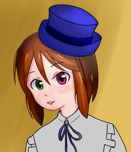 Rating: Safe Score: 0 Tags: 1girl blue_ribbon blush brown_hair green_eyes hat heterochromia image looking_at_viewer portrait red_eyes ribbon short_hair simple_background solo souseiseki top_hat yellow_background User: admin