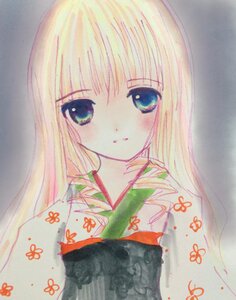 Rating: Safe Score: 0 Tags: 1girl bangs blonde_hair blue_eyes blush eyebrows_visible_through_hair floral_print image japanese_clothes kimono long_hair looking_at_viewer marker_(medium) parted_lips shinku solo traditional_media upper_body User: admin