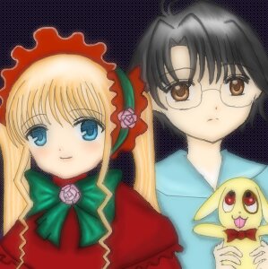 Rating: Safe Score: 0 Tags: 1boy 1girl blonde_hair blue_eyes bonnet bow bowtie dress drill_hair flower glasses green_bow image long_hair long_sleeves looking_at_viewer multiple_girls pink_bow shinku sidelocks solo User: admin