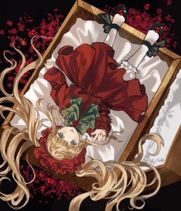 Rating: Safe Score: 0 Tags: 1girl blonde_hair blue_eyes bow dress flower green_bow image long_hair long_sleeves looking_at_viewer petals red_dress rose shinku shoes solo twintails white_legwear User: admin