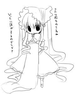 Rating: Safe Score: 0 Tags: 1girl chibi dress greyscale hat image long_hair long_sleeves monochrome shinku simple_background solo standing very_long_hair white_background User: admin