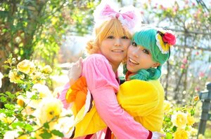 Rating: Safe Score: 0 Tags: 2girls blonde_hair blue_hair blurry bow depth_of_field dress flower hair_bow hug looking_at_viewer multiple_cosplay multiple_girls pink_bow smile tagme User: admin