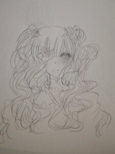 Rating: Safe Score: 0 Tags: 1girl blush closed_mouth greyscale hair_ornament image kirakishou long_hair looking_at_viewer monochrome photo simple_background sketch smile solo traditional_media wavy_hair User: admin