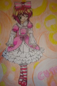 Rating: Safe Score: 0 Tags: 1girl bow dress frills full_body green_eyes hair_bow image long_sleeves one_eye_closed pantyhose pink_bow pink_dress red_footwear shoes short_hair smile solo souseiseki standing striped striped_legwear User: admin