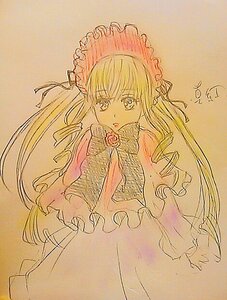 Rating: Safe Score: 0 Tags: 1girl bonnet dress drill_hair eyebrows_visible_through_hair flower frills image long_hair long_sleeves looking_at_viewer rose shinku simple_background solo traditional_media twintails very_long_hair User: admin