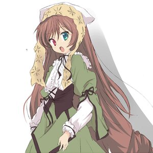 Rating: Safe Score: 0 Tags: 1girl :o brown_hair dress frills green_dress green_eyes hat head_scarf heterochromia image long_hair long_sleeves looking_at_viewer open_mouth red_eyes simple_background solo suiseiseki twintails very_long_hair white_background User: admin